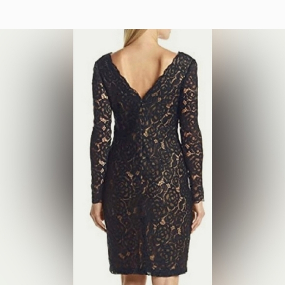 Vera Wang Black & Nude Lace Long Sleeve Double V-Neck Cocktail Dress - Picture 2 of 8
